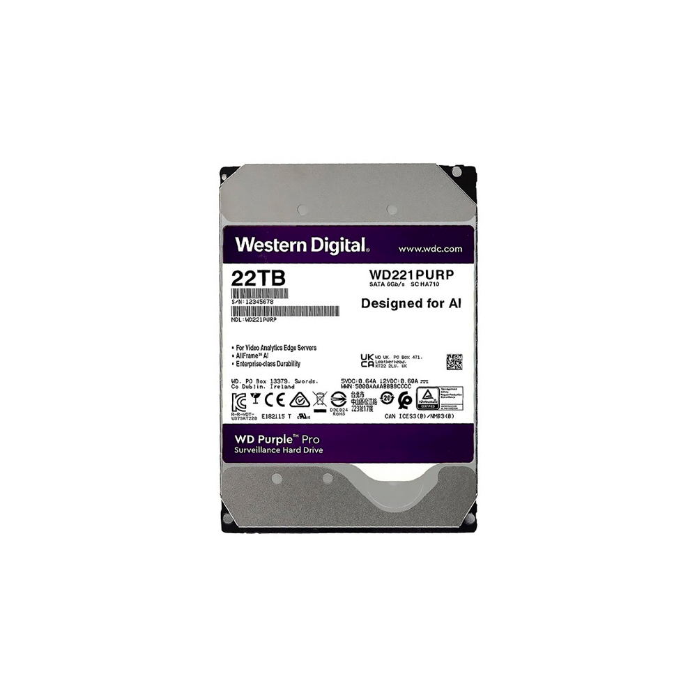 FX110013.png DISCO DURO SATA3 22TB WESTERN DIGITAL PURPLE 7200 512MB WD221PURP SURVEILLANCE - Imagen 1
